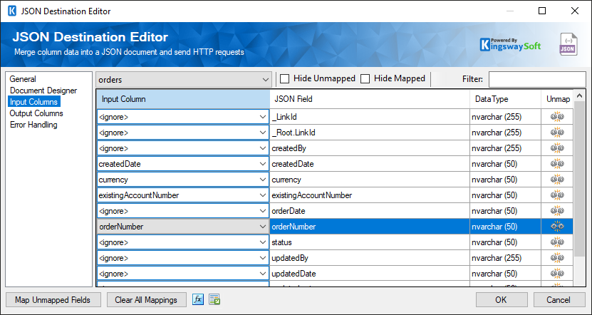 JSON Destination - Columns Page